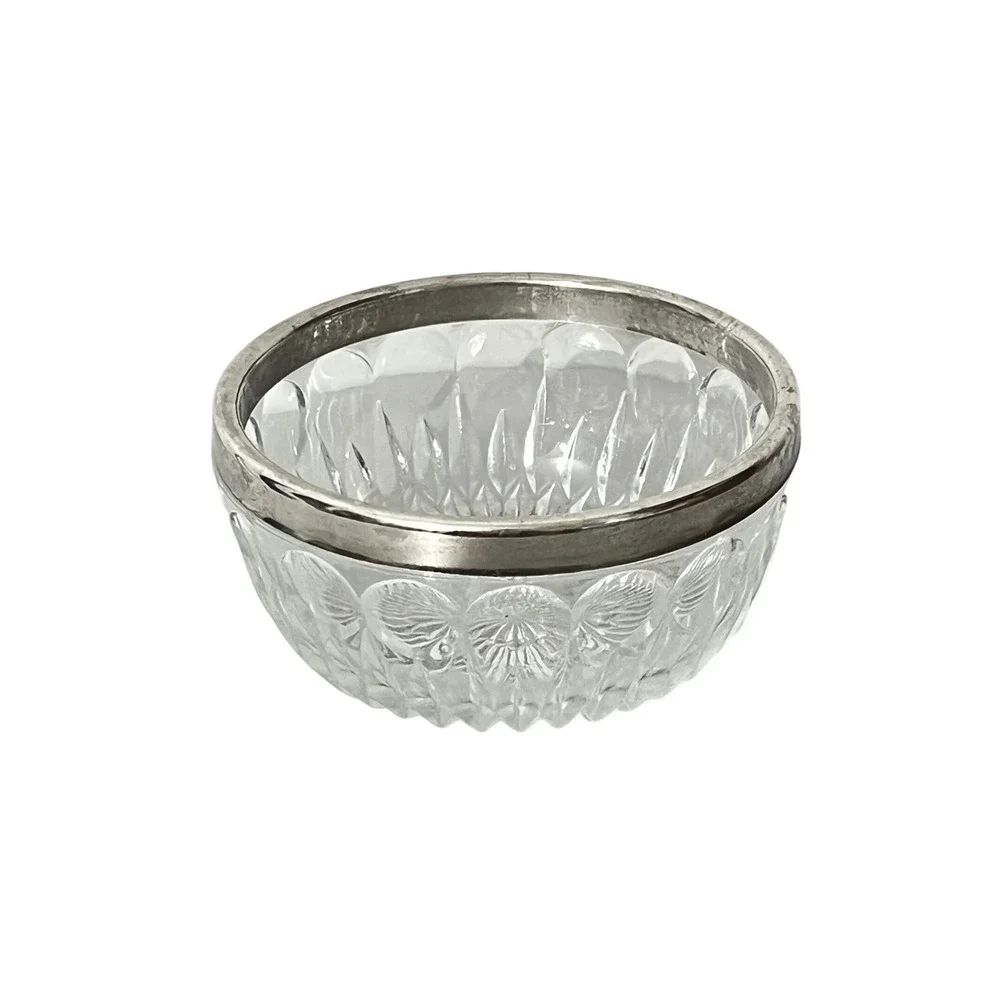 Leonard Crystal Bowl Unisex 5 Inch Clear Silver Plate Rim Sunburst Cut Italy